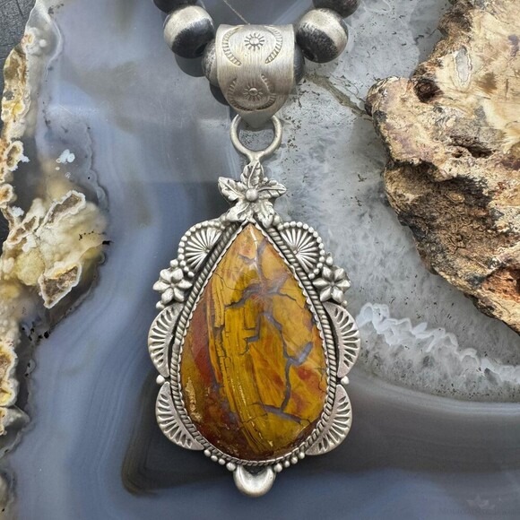 Sterling Southwestern Style Teardrop Moss Agate Decorated Pendant For Women - Picture 1 of 10